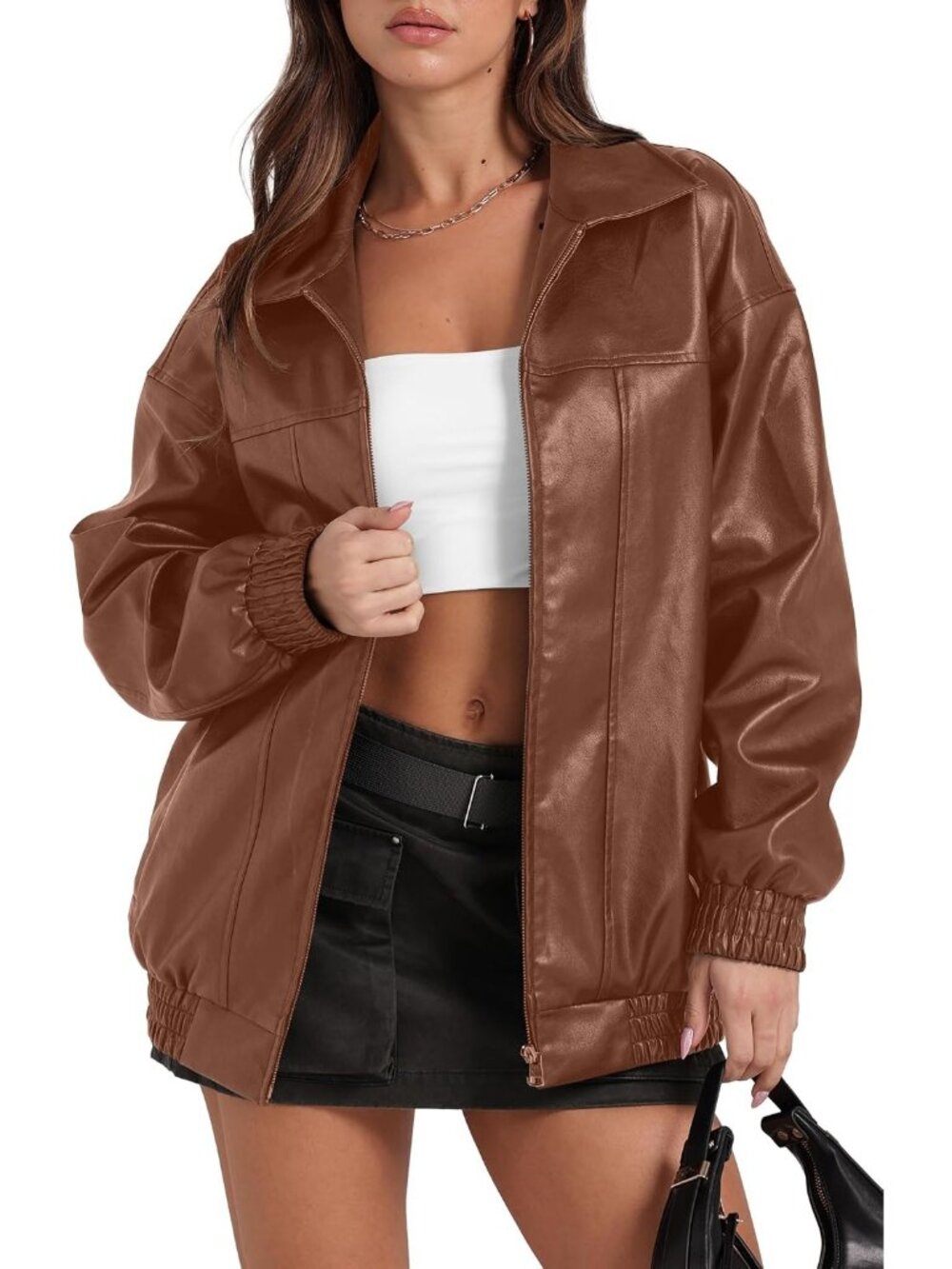 Women's Caramel Leather Jacket Oversized Motorcycle Bomber Fall Fashion Coats